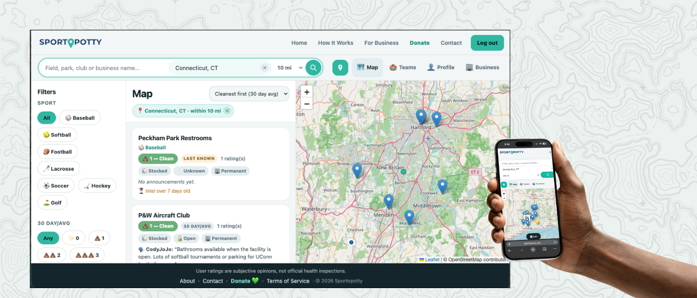 The Sportopotty map page: filters panel on the left, ranked results list in the middle, and pins on the map to the right.