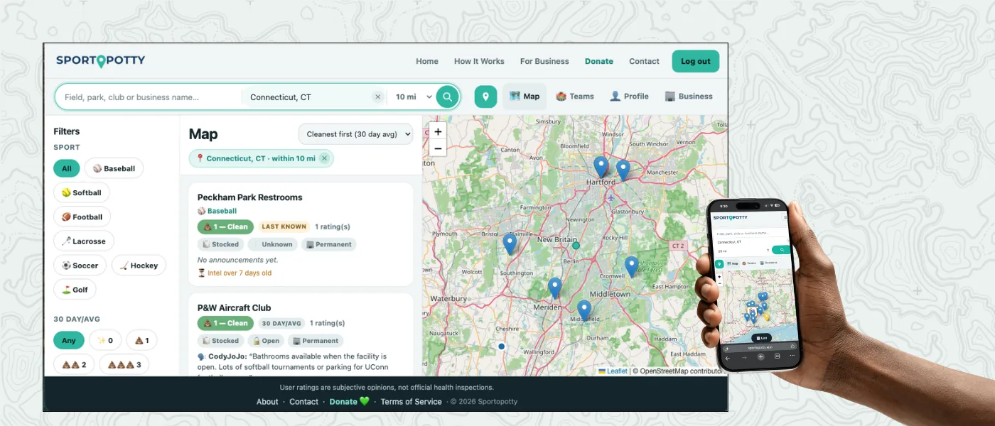 The Sportopotty map page: filters panel on the left, ranked results list in the middle, and pins on the map to the right.