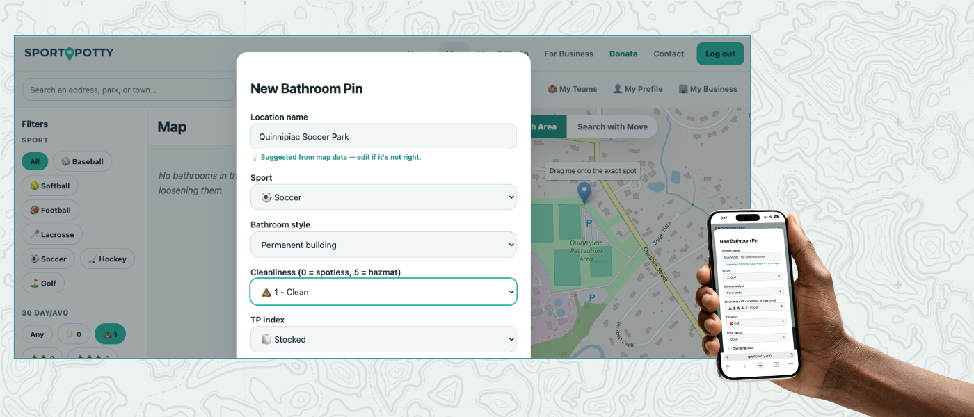The New Bathroom Pin form with fields for location name, venue type, sport, bathroom style, cleanliness, TP Index, lock status, changing table, and a first announcement.